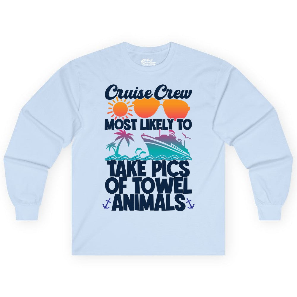 Cruise Crew Shirt - Funny Cruise Vacation Apparel for Family Trips (Long Sleeve) in Light Blue - Cruise Crew Towel Animal Photo Squad Tropical Sunset Shirt