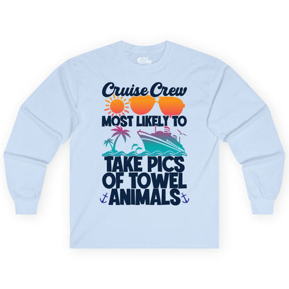 Cruise Crew Shirt - Funny Cruise Vacation Apparel for Family Trips (Long Sleeve) in Light Blue - Cruise Crew Towel Animal Photo Squad Tropical Sunset Shirt