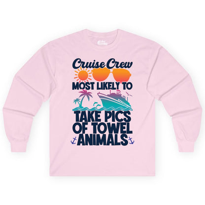 Cruise Crew Shirt - Funny Cruise Vacation Apparel for Family Trips (Long Sleeve) in Light Pink - Cruise Crew Towel Animal Photo Squad Tropical Sunset Shirt