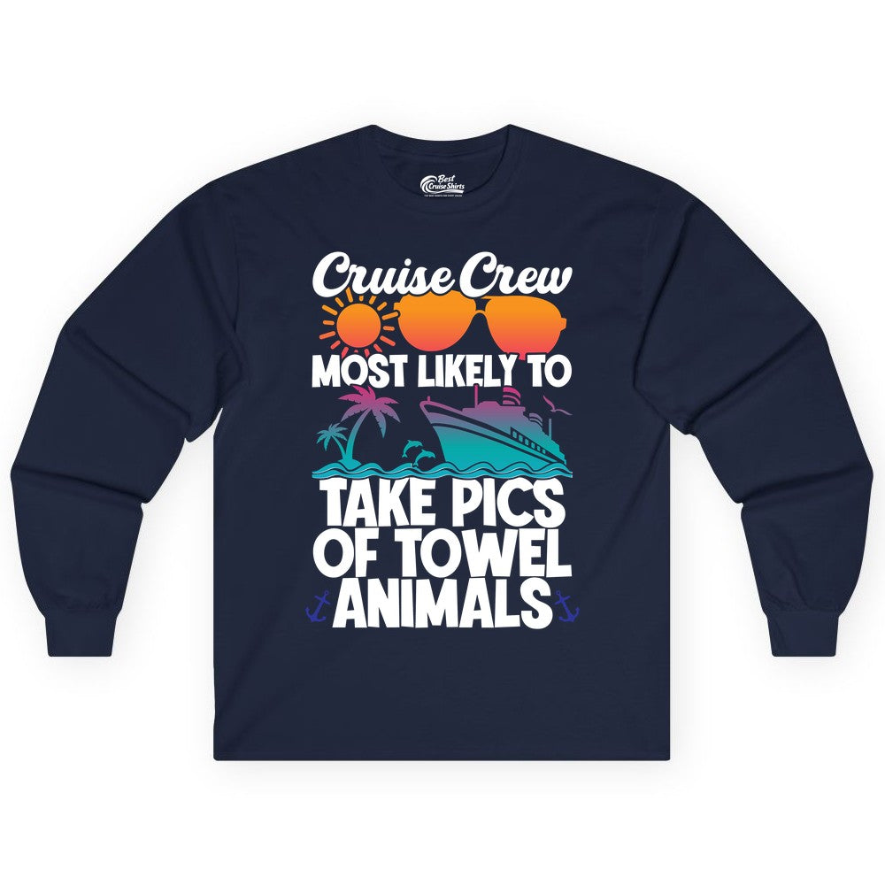 Cruise Crew Shirt - Funny Cruise Vacation Apparel for Family Trips (Long Sleeve) in Navy - Cruise Crew Towel Animal Photo Squad Tropical Sunset Shirt