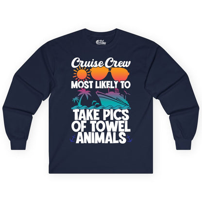 Cruise Crew Shirt - Funny Cruise Vacation Apparel for Family Trips (Long Sleeve) in Navy - Cruise Crew Towel Animal Photo Squad Tropical Sunset Shirt