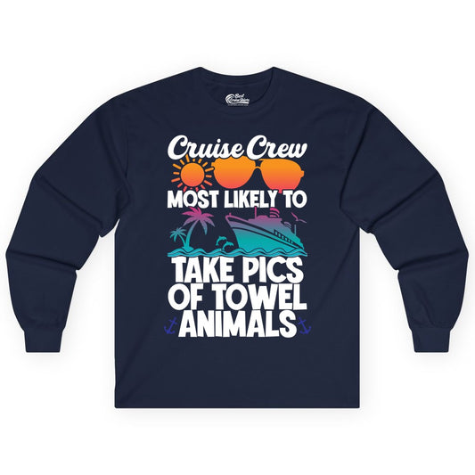 Cruise Crew Shirt - Funny Cruise Vacation Apparel for Family Trips (Long Sleeve) in Navy - Cruise Crew Towel Animal Photo Squad Tropical Sunset Shirt