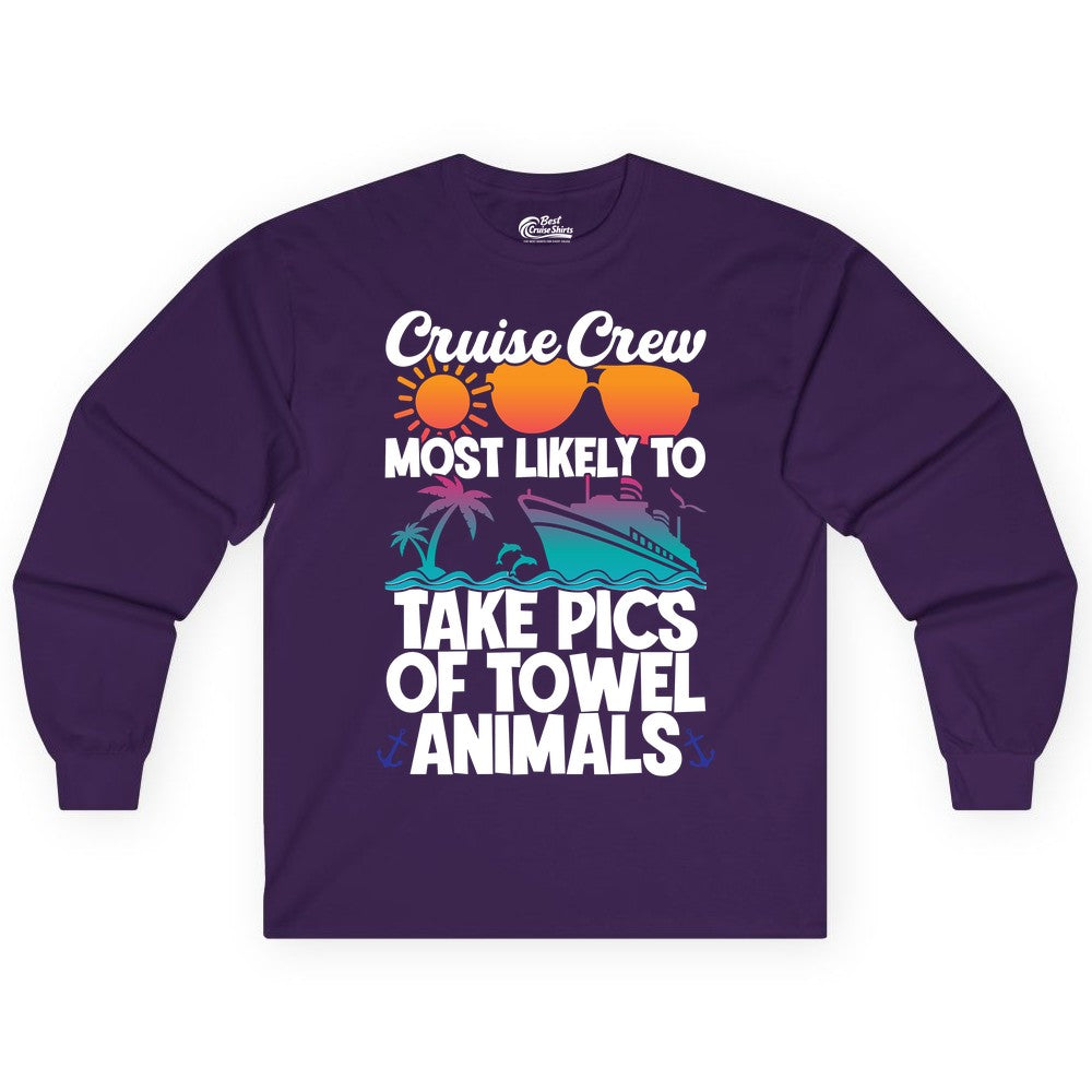 Cruise Crew Shirt - Funny Cruise Vacation Apparel for Family Trips (Long Sleeve) in Purple - Cruise Crew Towel Animal Photo Squad Tropical Sunset Shirt
