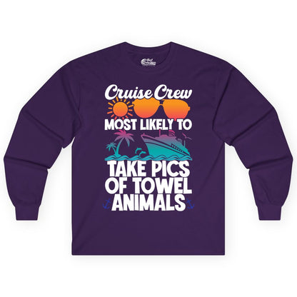 Cruise Crew Shirt - Funny Cruise Vacation Apparel for Family Trips (Long Sleeve) in Purple - Cruise Crew Towel Animal Photo Squad Tropical Sunset Shirt
