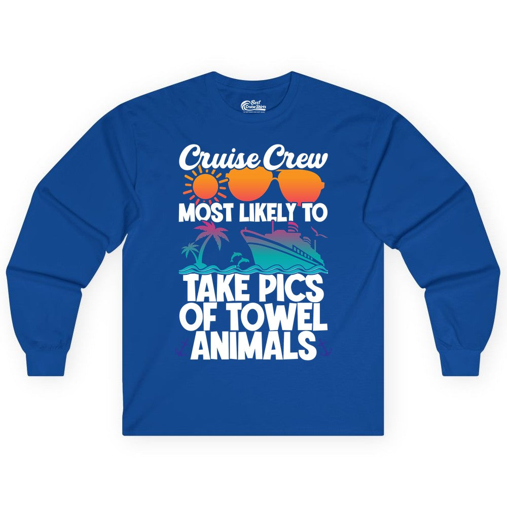 Cruise Crew Shirt - Funny Cruise Vacation Apparel for Family Trips (Long Sleeve) in Royal - Cruise Crew Towel Animal Photo Squad Tropical Sunset Shirt