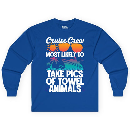 Cruise Crew Shirt - Funny Cruise Vacation Apparel for Family Trips (Long Sleeve) in Royal - Cruise Crew Towel Animal Photo Squad Tropical Sunset Shirt