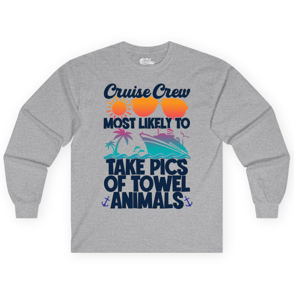 Cruise Crew Shirt - Funny Cruise Vacation Apparel for Family Trips (Long Sleeve) in Sport Grey - Cruise Crew Towel Animal Photo Squad Tropical Sunset Shirt