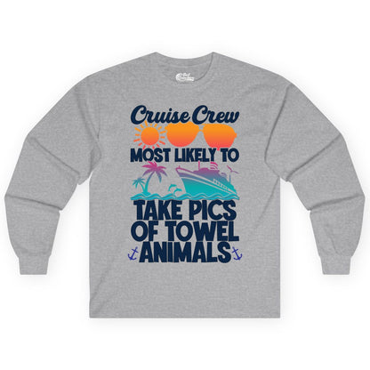 Cruise Crew Shirt - Funny Cruise Vacation Apparel for Family Trips (Long Sleeve) in Sport Grey - Cruise Crew Towel Animal Photo Squad Tropical Sunset Shirt