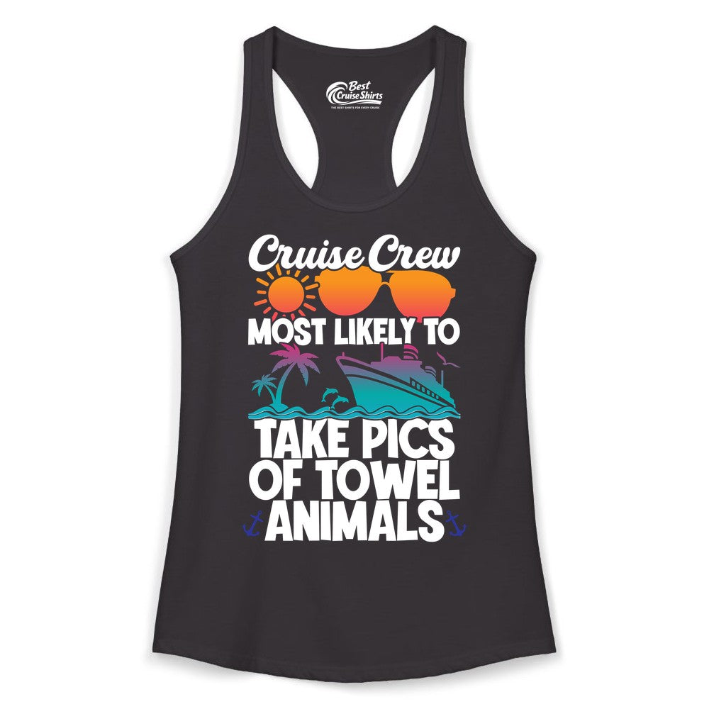 Cruise Crew Shirt - Funny Cruise Vacation Apparel for Family Trips (Ladies Tank) in Black - Cruise Crew Towel Animal Photo Squad Tropical Sunset Shirt
