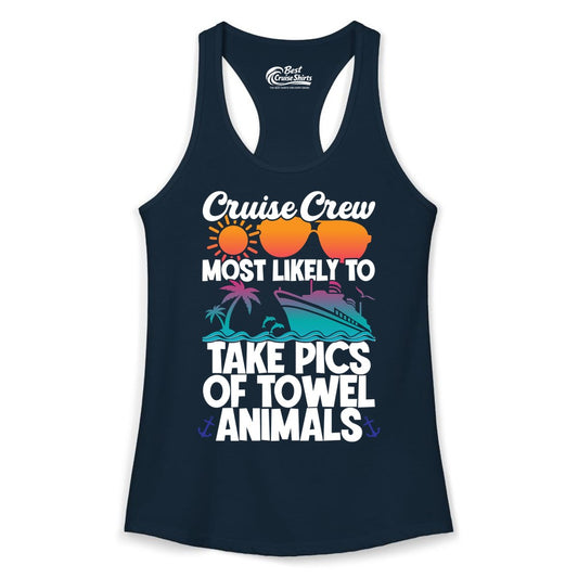 Cruise Crew Shirt - Funny Cruise Vacation Apparel for Family Trips (Ladies Tank) in Solid Midnight Navy - Cruise Crew Towel Animal Photo Squad Tropical Sunset Shirt