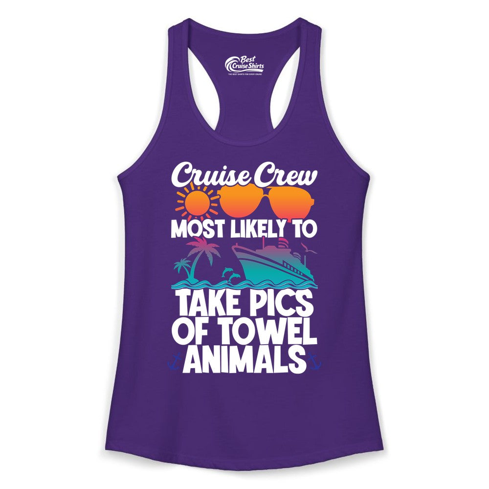 Cruise Crew Shirt - Funny Cruise Vacation Apparel for Family Trips (Ladies Tank) in Solid Purple Rush - Cruise Crew Towel Animal Photo Squad Tropical Sunset Shirt