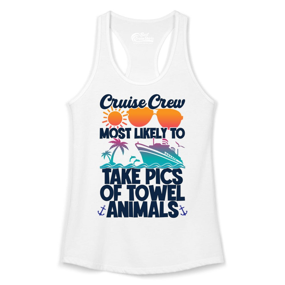 Cruise Crew Shirt - Funny Cruise Vacation Apparel for Family Trips (Ladies Tank) in White - Cruise Crew Towel Animal Photo Squad Tropical Sunset Shirt