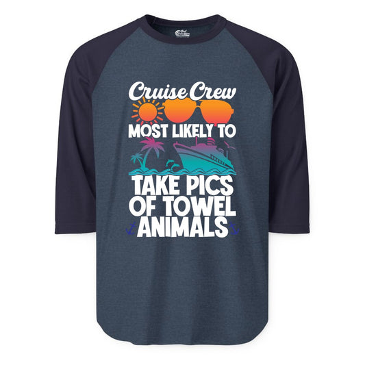 Cruise Crew Shirt - Funny Cruise Vacation Apparel for Family Trips (Raglan) in Heather DenimNavy - Cruise Crew Towel Animal Photo Squad Tropical Sunset Shirt