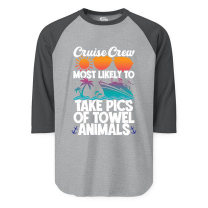 Cruise Crew Shirt - Funny Cruise Vacation Apparel for Family Trips (Raglan) in Heather GreyHeather Charcoal - Cruise Crew Towel Animal Photo Squad Tropical Sunset Shirt