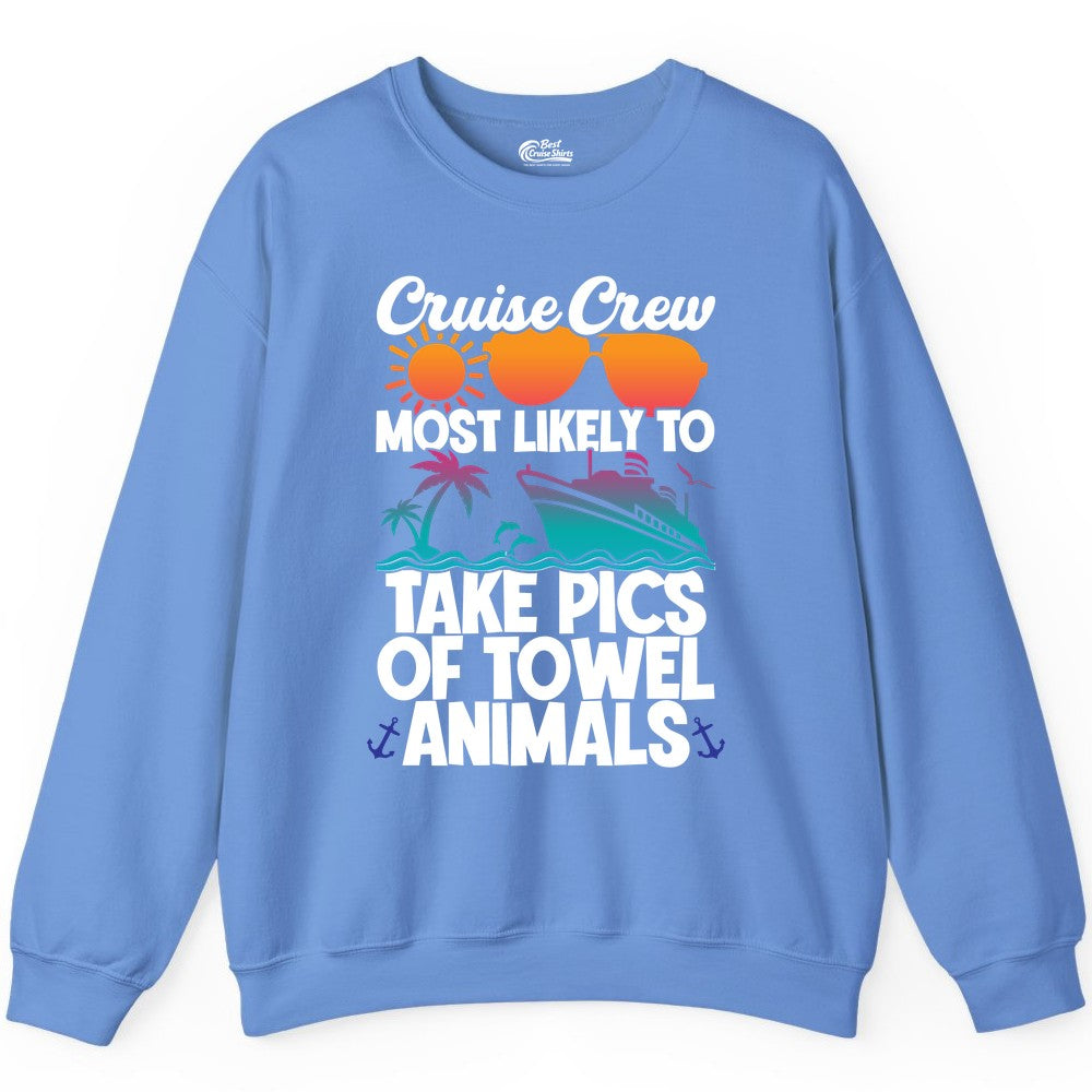 Cruise Crew Shirt - Funny Cruise Vacation Apparel for Family Trips (Sweatshirt) in Carolina Blue - Cruise Crew Towel Animal Photo Squad Tropical Sunset Shirt
