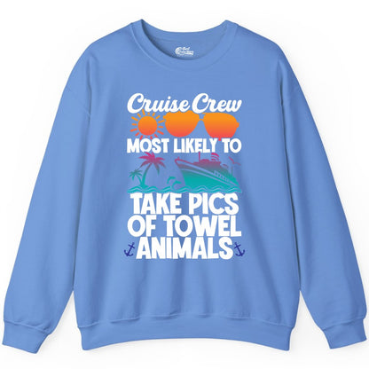 Cruise Crew Shirt - Funny Cruise Vacation Apparel for Family Trips (Sweatshirt) in Carolina Blue - Cruise Crew Towel Animal Photo Squad Tropical Sunset Shirt