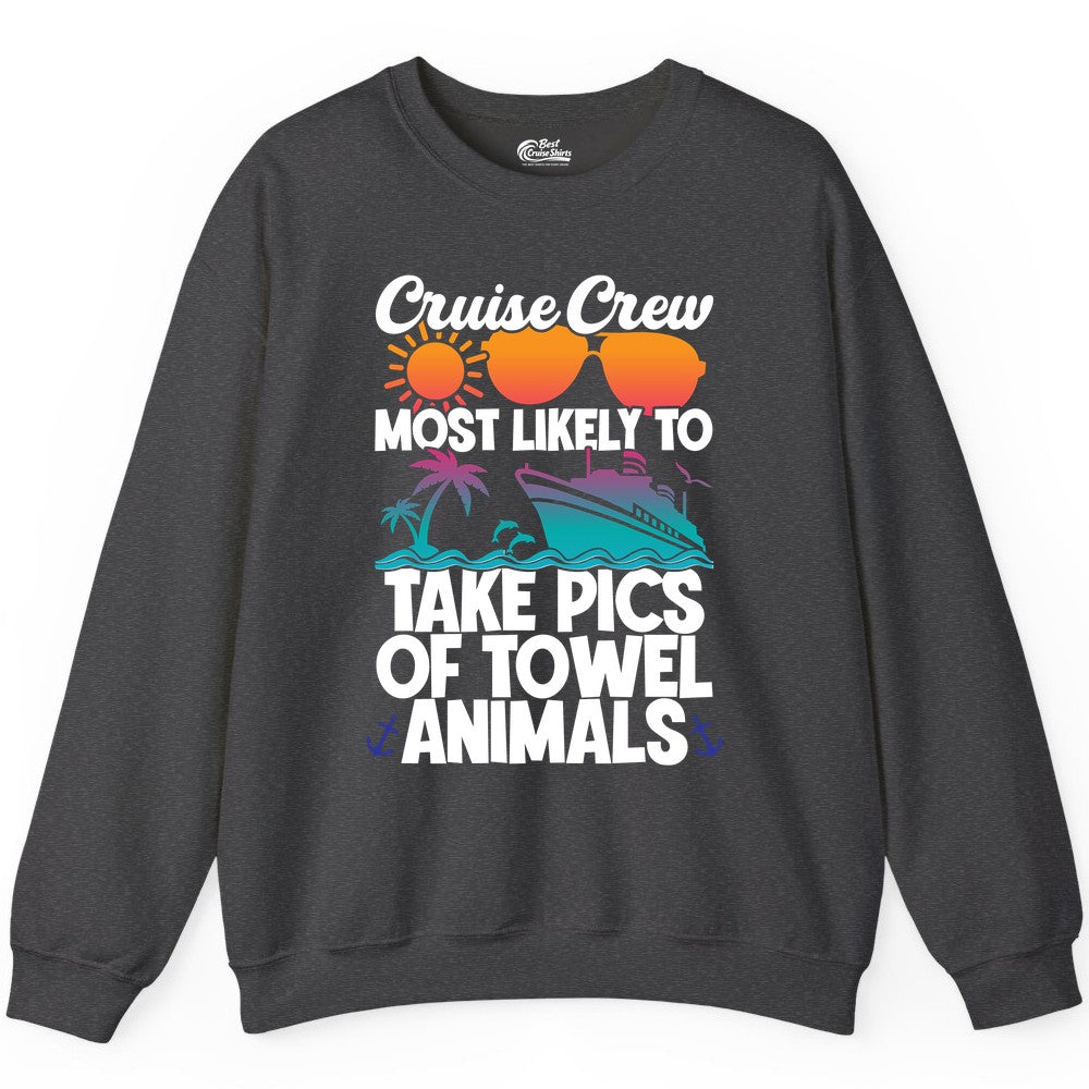 Cruise Crew Shirt - Funny Cruise Vacation Apparel for Family Trips (Sweatshirt) in Dark Heather - Cruise Crew Towel Animal Photo Squad Tropical Sunset Shirt
