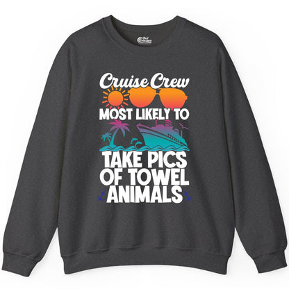 Cruise Crew Shirt - Funny Cruise Vacation Apparel for Family Trips (Sweatshirt) in Dark Heather - Cruise Crew Towel Animal Photo Squad Tropical Sunset Shirt
