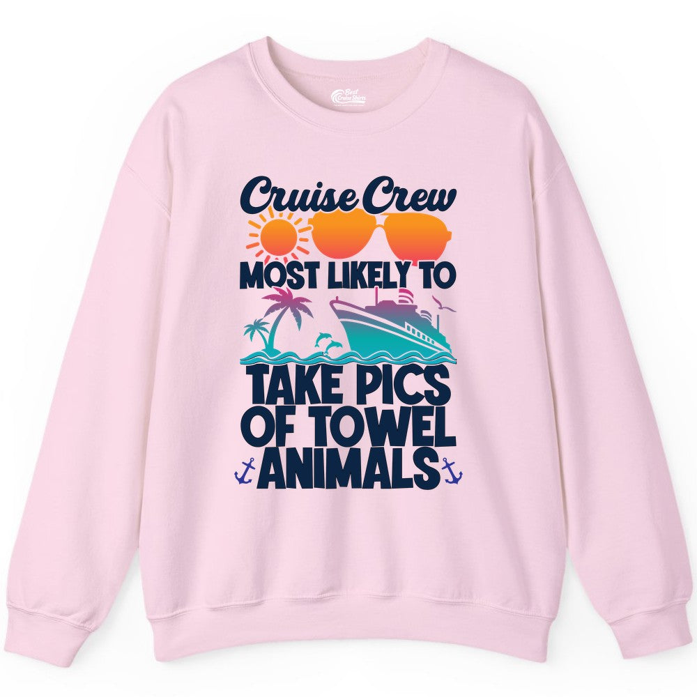 Cruise Crew Shirt - Funny Cruise Vacation Apparel for Family Trips (Sweatshirt) in Light Pink - Cruise Crew Towel Animal Photo Squad Tropical Sunset Shirt