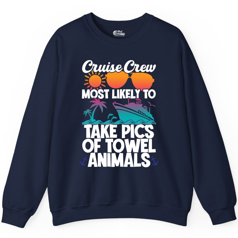 Cruise Crew Shirt - Funny Cruise Vacation Apparel for Family Trips (Sweatshirt) in Navy - Cruise Crew Towel Animal Photo Squad Tropical Sunset Shirt