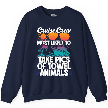 Cruise Crew Shirt - Funny Cruise Vacation Apparel for Family Trips (Sweatshirt) in Navy - Cruise Crew Towel Animal Photo Squad Tropical Sunset Shirt