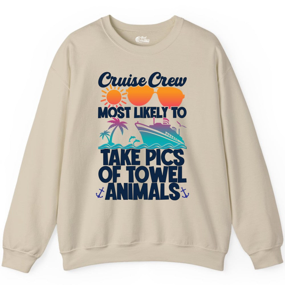 Cruise Crew Shirt - Funny Cruise Vacation Apparel for Family Trips (Sweatshirt) in Sand - Cruise Crew Towel Animal Photo Squad Tropical Sunset Shirt