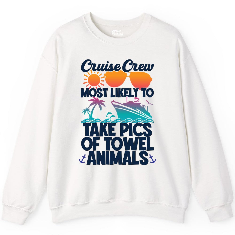 Cruise Crew Shirt - Funny Cruise Vacation Apparel for Family Trips (Sweatshirt) in White - Cruise Crew Towel Animal Photo Squad Tropical Sunset Shirt