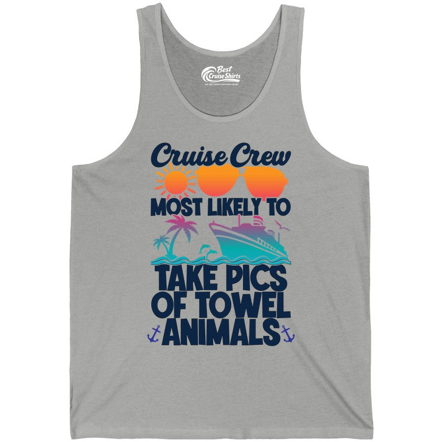 Cruise Crew Shirt - Funny Cruise Vacation Apparel for Family Trips (Tank Top) in Athletic Heather - Cruise Crew Towel Animal Photo Squad Tropical Sunset Shirt