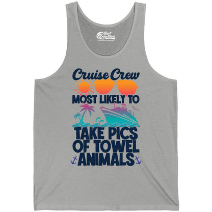 Cruise Crew Shirt - Funny Cruise Vacation Apparel for Family Trips (Tank Top) in Athletic Heather - Cruise Crew Towel Animal Photo Squad Tropical Sunset Shirt