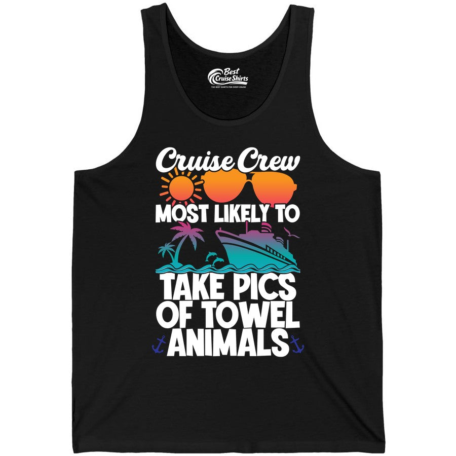 Cruise Crew Shirt - Funny Cruise Vacation Apparel for Family Trips (Tank Top) in Black - Cruise Crew Towel Animal Photo Squad Tropical Sunset Shirt