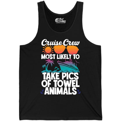 Cruise Crew Shirt - Funny Cruise Vacation Apparel for Family Trips (Tank Top) in Black - Cruise Crew Towel Animal Photo Squad Tropical Sunset Shirt