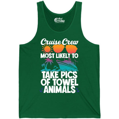 Cruise Crew Shirt - Funny Cruise Vacation Apparel for Family Trips (Tank Top) in Kelly - Cruise Crew Towel Animal Photo Squad Tropical Sunset Shirt