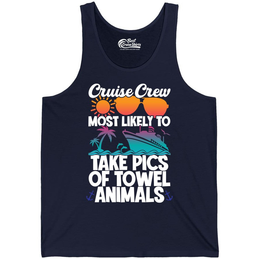 Cruise Crew Shirt - Funny Cruise Vacation Apparel for Family Trips (Tank Top) in Navy - Cruise Crew Towel Animal Photo Squad Tropical Sunset Shirt