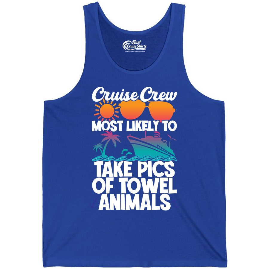 Cruise Crew Shirt - Funny Cruise Vacation Apparel for Family Trips (Tank Top) in True Royal - Cruise Crew Towel Animal Photo Squad Tropical Sunset Shirt