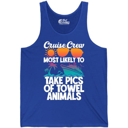 Cruise Crew Shirt - Funny Cruise Vacation Apparel for Family Trips (Tank Top) in True Royal - Cruise Crew Towel Animal Photo Squad Tropical Sunset Shirt