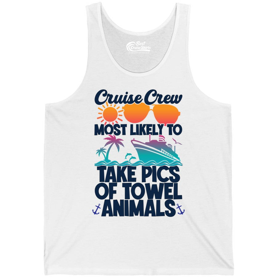 Cruise Crew Shirt - Funny Cruise Vacation Apparel for Family Trips (Tank Top) in White - Cruise Crew Towel Animal Photo Squad Tropical Sunset Shirt