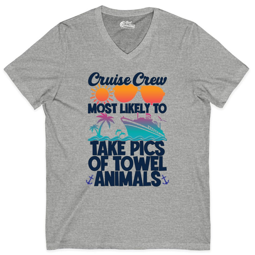 Cruise Crew Shirt - Funny Cruise Vacation Apparel for Family Trips (V-Neck) in Athletic Heather - Cruise Crew Towel Animal Photo Squad Tropical Sunset Shirt
