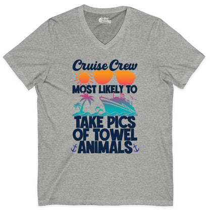 Cruise Crew Shirt - Funny Cruise Vacation Apparel for Family Trips (V-Neck) in Athletic Heather - Cruise Crew Towel Animal Photo Squad Tropical Sunset Shirt