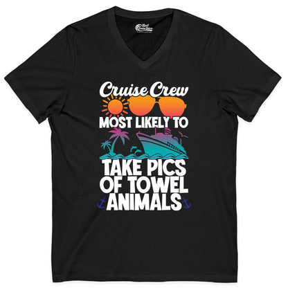 Cruise Crew Shirt - Funny Cruise Vacation Apparel for Family Trips (V-Neck) in Black - Cruise Crew Towel Animal Photo Squad Tropical Sunset Shirt