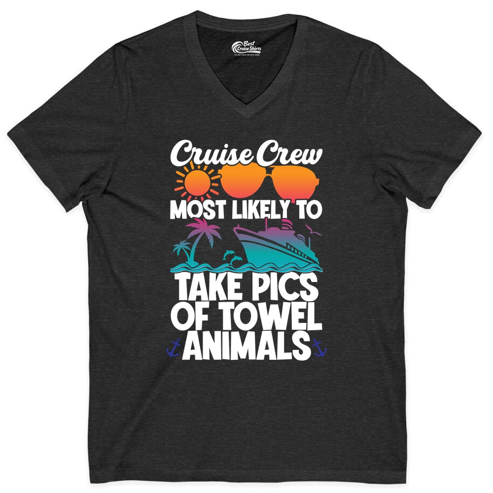 Cruise Crew Shirt - Funny Cruise Vacation Apparel for Family Trips (V-Neck) in Dark Grey Heather - Cruise Crew Towel Animal Photo Squad Tropical Sunset Shirt