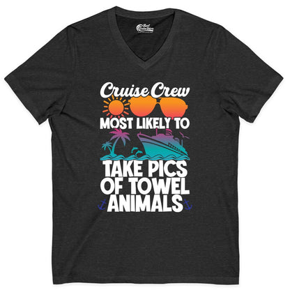 Cruise Crew Shirt - Funny Cruise Vacation Apparel for Family Trips (V-Neck) in Dark Grey Heather - Cruise Crew Towel Animal Photo Squad Tropical Sunset Shirt