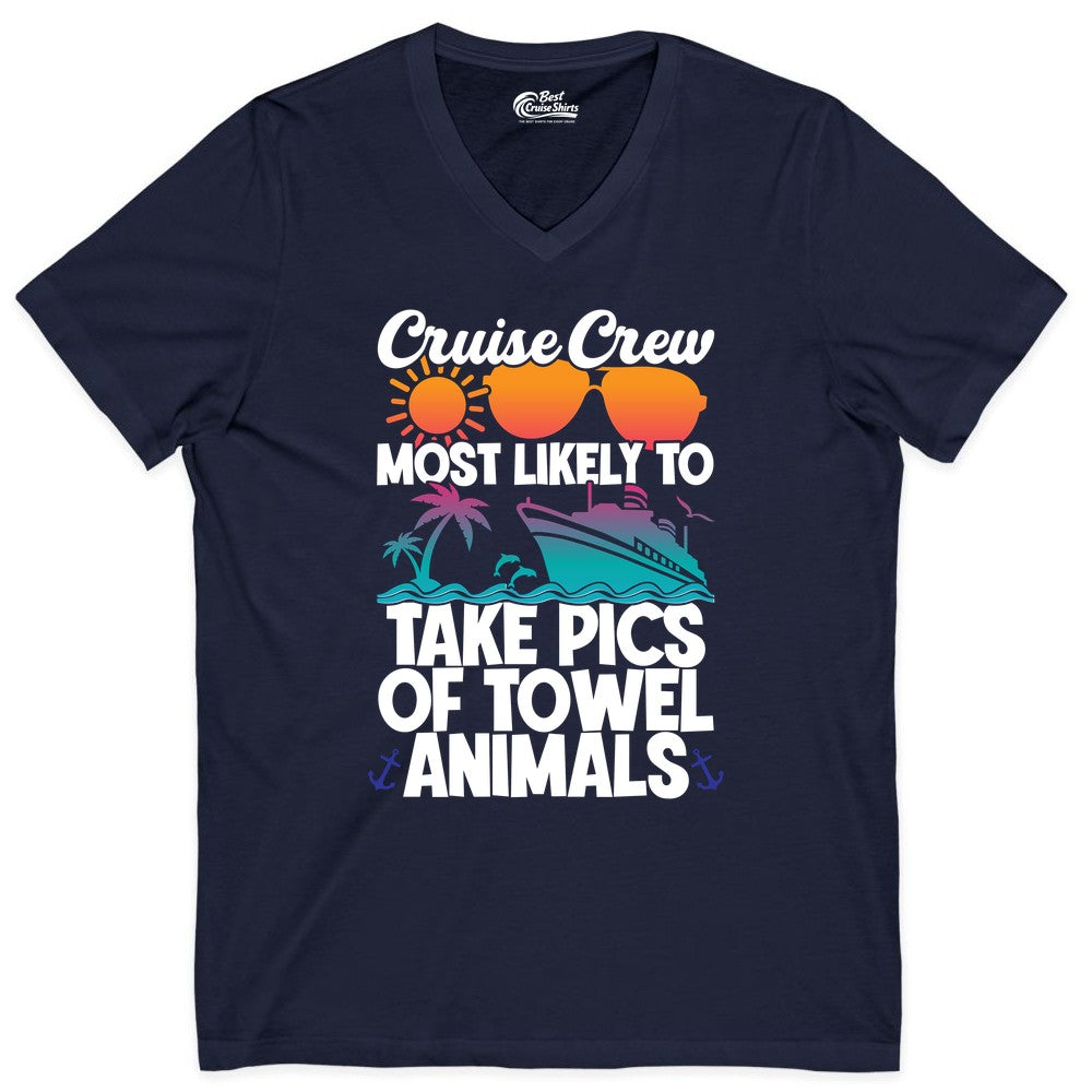 Cruise Crew Shirt - Funny Cruise Vacation Apparel for Family Trips (V-Neck) in Navy - Cruise Crew Towel Animal Photo Squad Tropical Sunset Shirt