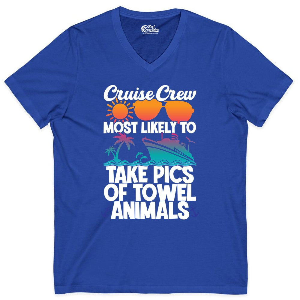 Cruise Crew Shirt - Funny Cruise Vacation Apparel for Family Trips (V-Neck) in True Royal - Cruise Crew Towel Animal Photo Squad Tropical Sunset Shirt