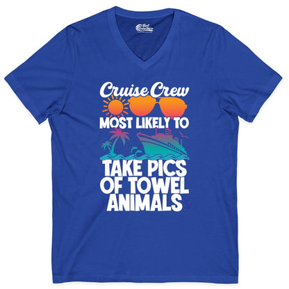 Cruise Crew Shirt - Funny Cruise Vacation Apparel for Family Trips (V-Neck) in True Royal - Cruise Crew Towel Animal Photo Squad Tropical Sunset Shirt