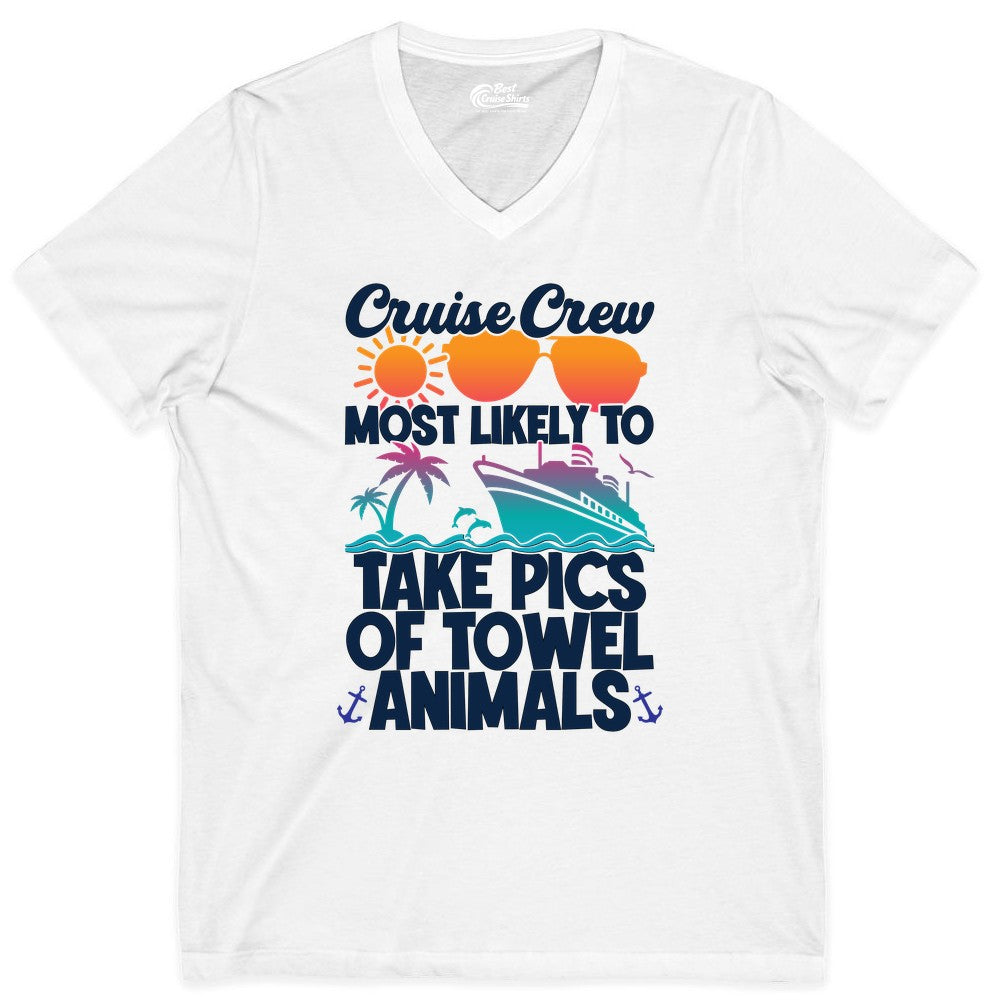 Cruise Crew Shirt - Funny Cruise Vacation Apparel for Family Trips (V-Neck) in White - Cruise Crew Towel Animal Photo Squad Tropical Sunset Shirt