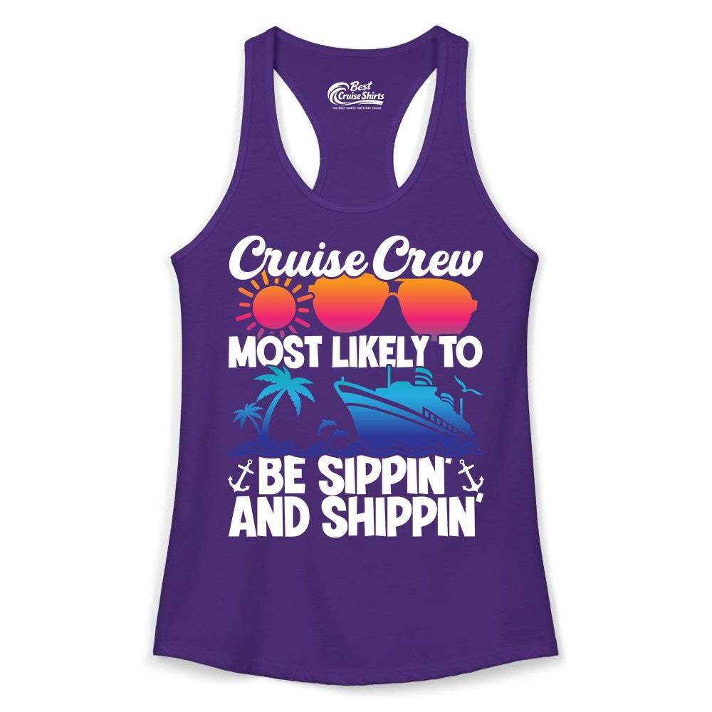 Cruise Crew Shirt - Funny Vacation Group Tee for Cruise Trips (Ladies Tank) in Solid Purple Rush - Cruise Crew Sippin and Shippin Tropical Nautical Party Shirt