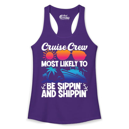 Cruise Crew Shirt - Funny Vacation Group Tee for Cruise Trips (Ladies Tank) in Solid Purple Rush - Cruise Crew Sippin and Shippin Tropical Nautical Party Shirt