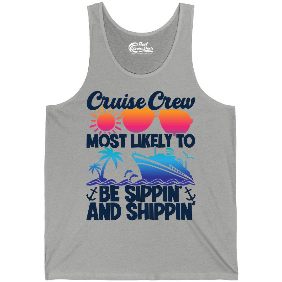Cruise Crew Shirt - Funny Vacation Group Tee for Cruise Trips (Tank Top) in Athletic Heather - Cruise Crew Sippin and Shippin Tropical Nautical Party Shirt