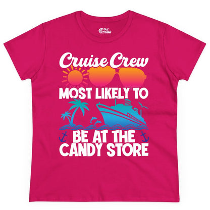 Cruise Crew Shirt - Fun Tropical Cruise Vacation Apparel for Groups (Ladies Tee) in Heliconia - Cruise Crew Most Likely To Be At The Candy Store Tropical Shirt