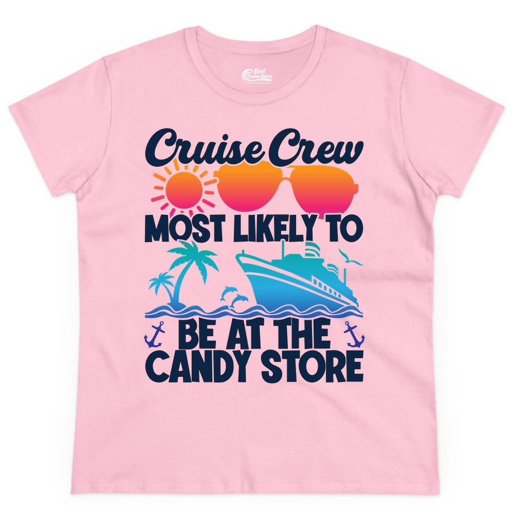Cruise Crew Shirt - Fun Tropical Cruise Vacation Apparel for Groups (Ladies Tee) in Light Pink - Cruise Crew Most Likely To Be At The Candy Store Tropical Shirt
